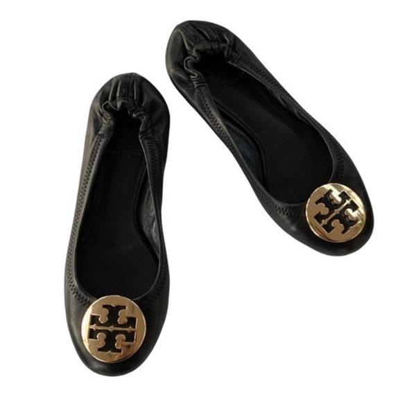 Tory Burch Shoes - TORY BURCH Reva Black Leather Flats Gold Logo Detail 6.5
